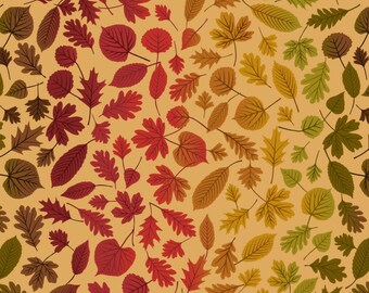 Rainbow Leaves on Dark Honey, A Winter Nap Collection by Lewis and Irene Quilting Cotton Fabric A562.2, Autumn Fabric, Leaves Fabric