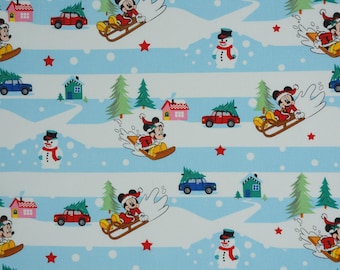 Mickey & Minnie Sledding Fun, Blue and White Stripes by Springs Creative Disney Licensed Novelty Cotton Fabric