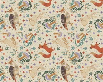Woodland Animal Fabric, Woodland Cottage Core on Vanilla by Jessica Flick for Benartex Quilting Cotton Fabric 16375B-07