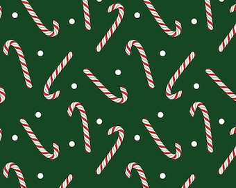 Candy Cane Fabric, Jolly Candy Canes on Green Country Christmas by Benartex Kanvas Studio Quilting Cotton Fabric, 14012-44B