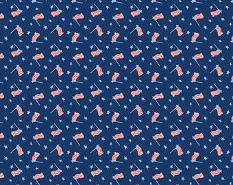 Patriotic Fabric, Red White and Bang Flags Navy Riley Blake Quilting Cotton Fabric, Navy Patriotic Flag Fabric, Small Print Flags