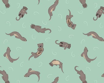 Otter Fabric, Otters on Water Green Small Things Lewis and Irene Quilting Cotton Fabric SM78.2