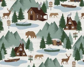 Cabin Fabric, At the Cabin on Cream Moose Creek Lodge by Benartex Quilting Cotton Fabric, Camping Grear Fabric, 12924B-07