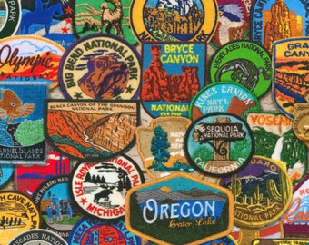 National Parks Fabric, National Park Patches and Pins by Robert Kaufman AOJD Novelty Cotton Fabric