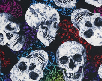 Halloween Rainbow Skulls, Sugar Skulls, Day of the Dead Novelty Cotton Fabric by Hi Fashion Fabrics