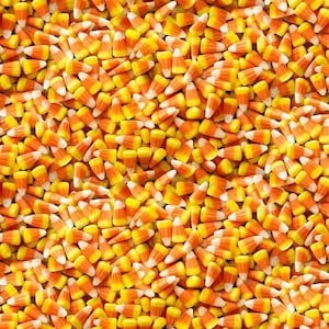 May include: A large collection of candy corn pieces, each featuring a distinct tri-color pattern with a white tip, an orange middle section, and a yellow base. The candies are densely packed together, creating a uniform texture of small, triangular shapes.