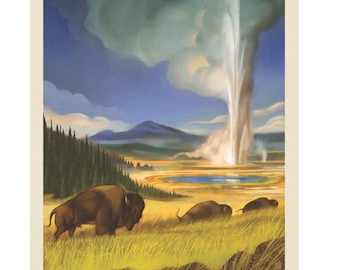 Yellowstone Panel, 36"x43" Yellowstone National Park Licensed by Riley Blake Designs Quilting Cotton Fabric, Old Faithful, PD16136-PANEL
