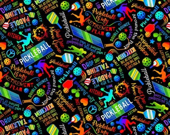 Pickleball Fabric, Pickleball Words on Black by Gail Cadden for Timeless Treasures Quilting Cotton Fabric, Digitally Printed GAIL-CD2274