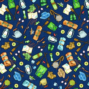 Camping Fabric, Gone Camping Motifs Navy Live, Love, Camp Benartex Kanvas Studio Quilting Cotton Fabric, Camping Gear, 14453-55B