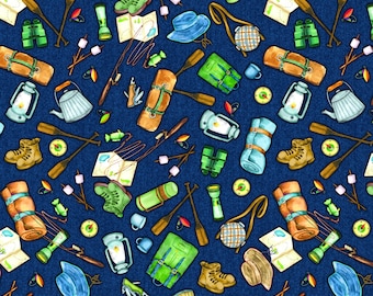 Camping Fabric, Gone Camping Motifs Navy Live, Love, Camp Benartex Kanvas Studio Quilting Cotton Fabric, Camping Gear, 14453-55B