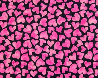 Twisted Pink Hearts On Black Valentine's Day Novelty Cotton Fabric, Valentine's Day Hearts Fabric