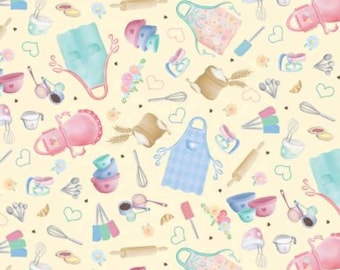 Cooking Fabric, Time to Bake on Yellow Gnomebody Bakes it Better by Andi Metz for Kanvas Studio Benartex Quilting Cotton Fabric, 12835B-33
