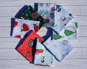 Peanuts Snoopy Fat Quarter Bundle, 8 pieces, Christmas Licensed Novelty Cotton Fabric, Peanuts Christmas Fabric, Snoopy Christmas Fabric