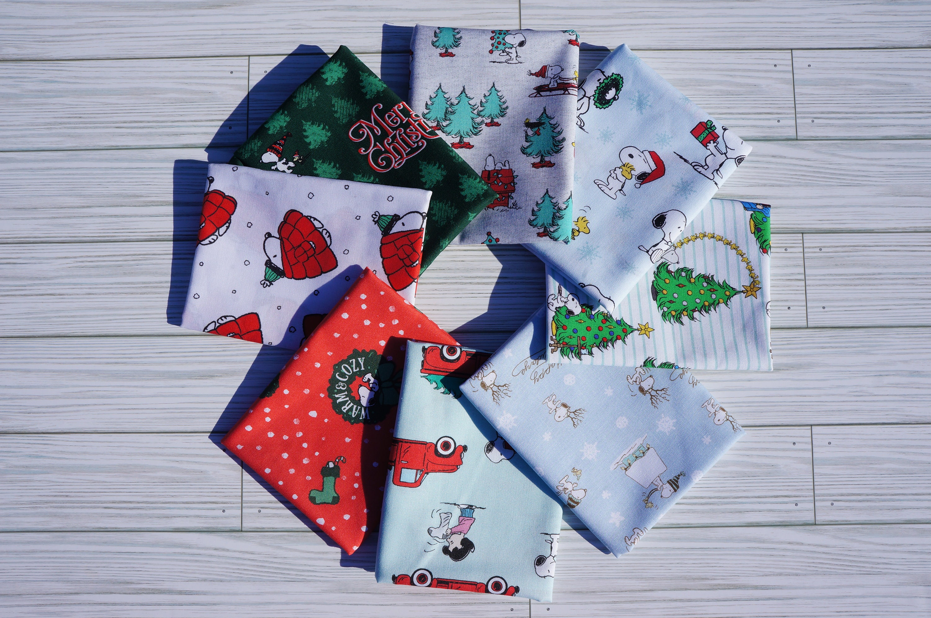 Peanuts Snoopy Fat Quarter Bundle, 8 pieces, Christmas Licensed Novelty Cotton Fabric, Peanuts