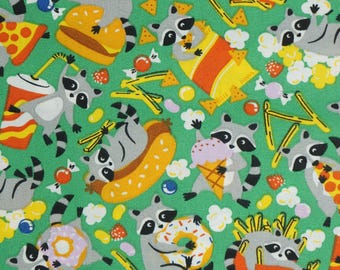 Raccoon Fabric, Raccoons Eating Junk Food on Green Novelty Cotton Fabric, Trash Pandas Fabric, Trash Racoons