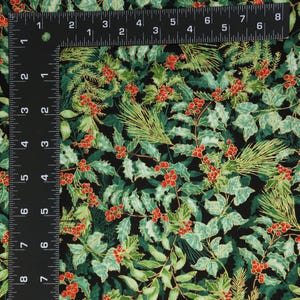 Holly Fabric, Holly and Berries on Black with Gold Metallic Accents Christmas Musical by Benartex Quilting Cotton Fabric 14028M-07B 画像 2