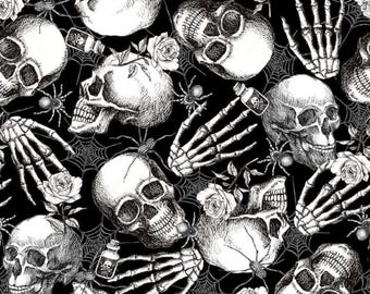 Skulls and Roses Fabric, Skull and Hand Toss Fear Factory by Lena Art Studio for Studio E Halloween Quilting Cotton Fabric, 8341-99