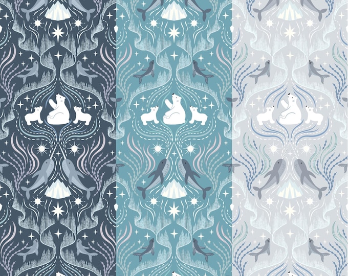 Featured listing image: Where the Sky Dances on Dark Blue, North Blue or Silver by Lewis & Irene Quilting Cotton Fabric L63