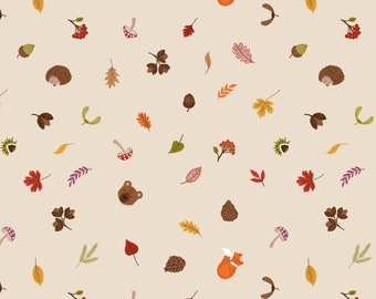 Scattered Foliage and Forest Friends, A Winter Nap Collection by Lewis and Irene Quilting Cotton Fabric A563.1, Leaves, Fox and Bear Fabric