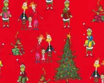 Grinch Fabric, Grinch Whoville Red Quilting Cotton Fabric, How the Grinch Stole Christmas Licensed Robert Kaufman Quilting Cotton Fabric