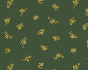 Bee Fabric, Gold Metallic Honey Bees on Dark Green, Honey Bee by Lewis & Irene Quilting Cotton Fabric, Fall Bee Fabric, A654.2