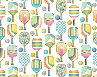 Pickleball Fabric, Pastel Pickleball Paddles on White by Timeless Treasures Digitally Printed Quilting Cotton Fabric, GAIL-CD3849 WHITE