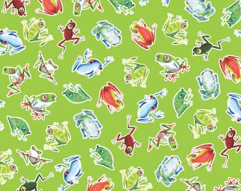 Frog Fabric, Hop to It Glow on Lime Green by Kanvas Studio for Benartex Quilting Cotton,  Tropical Tree Frog Fabric, Red Eyed Frog 14899G-43