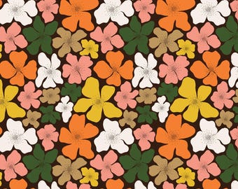 Cosmo Floral Fabric, Multi Cosmos on Brown Honey Garden Collection by Juliana Tipton for Cloud 9 Organic Quilting Cotton Fabric 227777-X