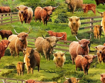 Highland Cow Fabric, Highland Cows by Timeless Treasures Digitally Printed Quilting Cotton Fabric, Shaggy Cow Fabric, Cute Highland Cow