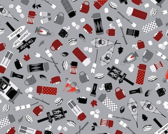 Camping Fabric, Camping Memories on Gray Great Outdoors by Benartex Kanvas Studio Quilting Cotton Fabric, Camping Gear Fabric, 12941-08B