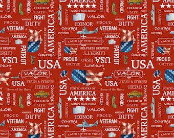 Patriotic Words Fabric, Letters from Home Text on Red by Riley Blake Quilting Cotton Fabric, Quilt of Valor Fabric, C15611-RED