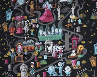 Haunted Mansion Fabric, Haunted Mansion Ride Fabric on Black Disney Licensed by Springs Creative Cotton Fabric