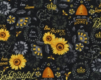 Honey Bee Fabric, Queen Bee And Sunflowers on Black by Hi Fashion Fabrics Quilting Cotton Fabric, Positive Phrases, Motivational Bee Words