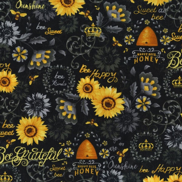 Honey Bee Fabric, Queen Bee And Sunflowers on Black by Hi Fashion Fabrics Quilting Cotton Fabric, Positive Phrases, Motivational Bee Words