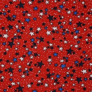 Patriotic Stars Fabric, Patriotic Red White and Blue Stars on Red Independence Day 4th of July Novelty Cotton Fabric