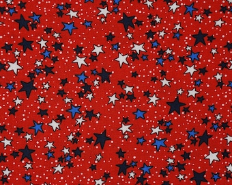 Patriotic Stars Fabric, Patriotic Red White and Blue Stars on Red Independence Day 4th of July Novelty Cotton Fabric