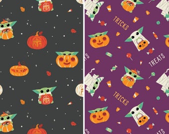 Baby Yoda Halloween Fabric, Charcoal Pumpkin Carvings and Purple Tricks and Treats Licensed by Camelot Fabrics Quilting Cotton Fabric