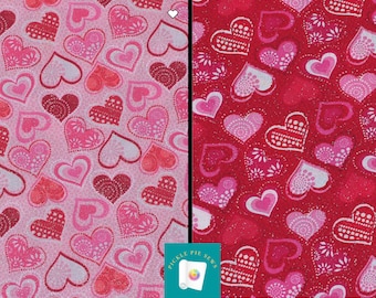 Patterned Hearts on Pink and Red Glitter Valentine's Day Novelty Cotton Fabric