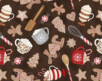 Christmas Baking Fabric, Christmas Baking on Chocolate Brown Baking Up Joy by Danielle Leone for Wilmington Prints Quilting Cotton Fabric