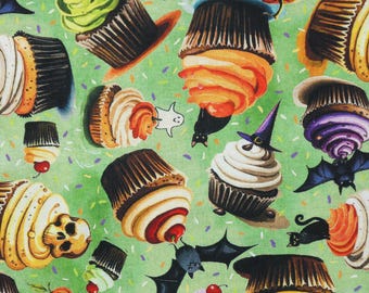 Halloween Cupcake Fabric, Halloween Sweet Treats on Green by Tim Coffey for Springs Creative Halloween Novelty Cotton Fabric