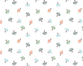 Mushroom Flannel Fabric, Forest Mushrooms Tossed on White Cozy Forest by Kanvas Studio for Benartex Comfort Flannel Fabric, Nursery Flannel
