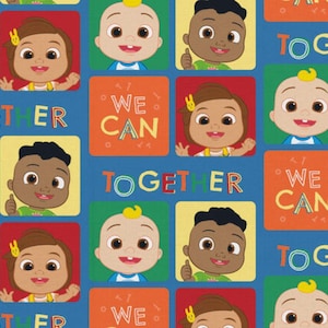 May include: A blue fabric pattern featuring repeating square icons of cartoon children and orange squares with the text WE CAN. The word TOGETHER is printed in multicolored letters between the squares. The design includes various characters.