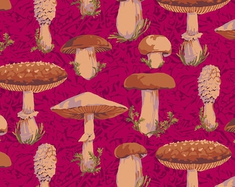 Mushroom Fabric, Forest Mushrooms on Magenta Forage by Martha Negley for Free Spirit Quilting Cotton Fabric PWMN077.MAGENTA