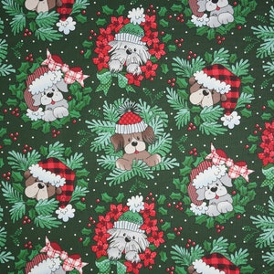 Christmas Dog Fabric, Christmas Dogs in Wreaths on Green by Fabric Traditions Novelty Cotton Fabric, Green Holiday Pups in Wreaths