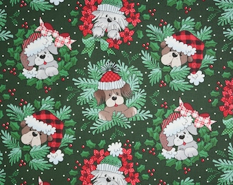 Christmas Dog Fabric, Christmas Dogs in Wreaths on Green by Fabric Traditions Novelty Cotton Fabric, Green Holiday Pups in Wreaths