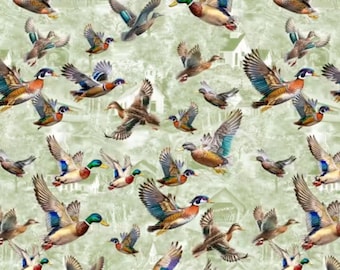 Duck Fabric, Mallard Autumn Flight on Sage Green Autumn Lake by Michael Miller Fabrics Quilting Cotton Fabric, Ducks in Flight