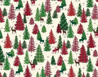 Plaid Forest Fabric, Plaid Forest on Cream Holiday Farmhouse Plaid by Benartex Kanvas Studio Quilting Cotton Fabric 14396-07B