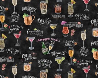 Craft Cocktail Fabric, Happy Hour Menu on Black Chalkboard by Michael Miller Quilting Cotton Fabric, Happy Hour Fabric