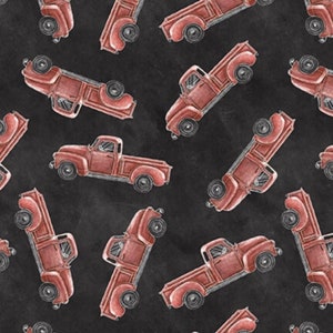 Red Vintage Truck Fabric, Tossed Trucks on Charcoal Late Summer Harvest Collection by Blank Quilting Cotton Fabric