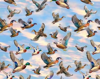 Duck Fabric, Mallard Autumn Flight on Sky Blue Autumn Lake by Michael Miller Fabrics Quilting Cotton Fabric, Ducks in Flight